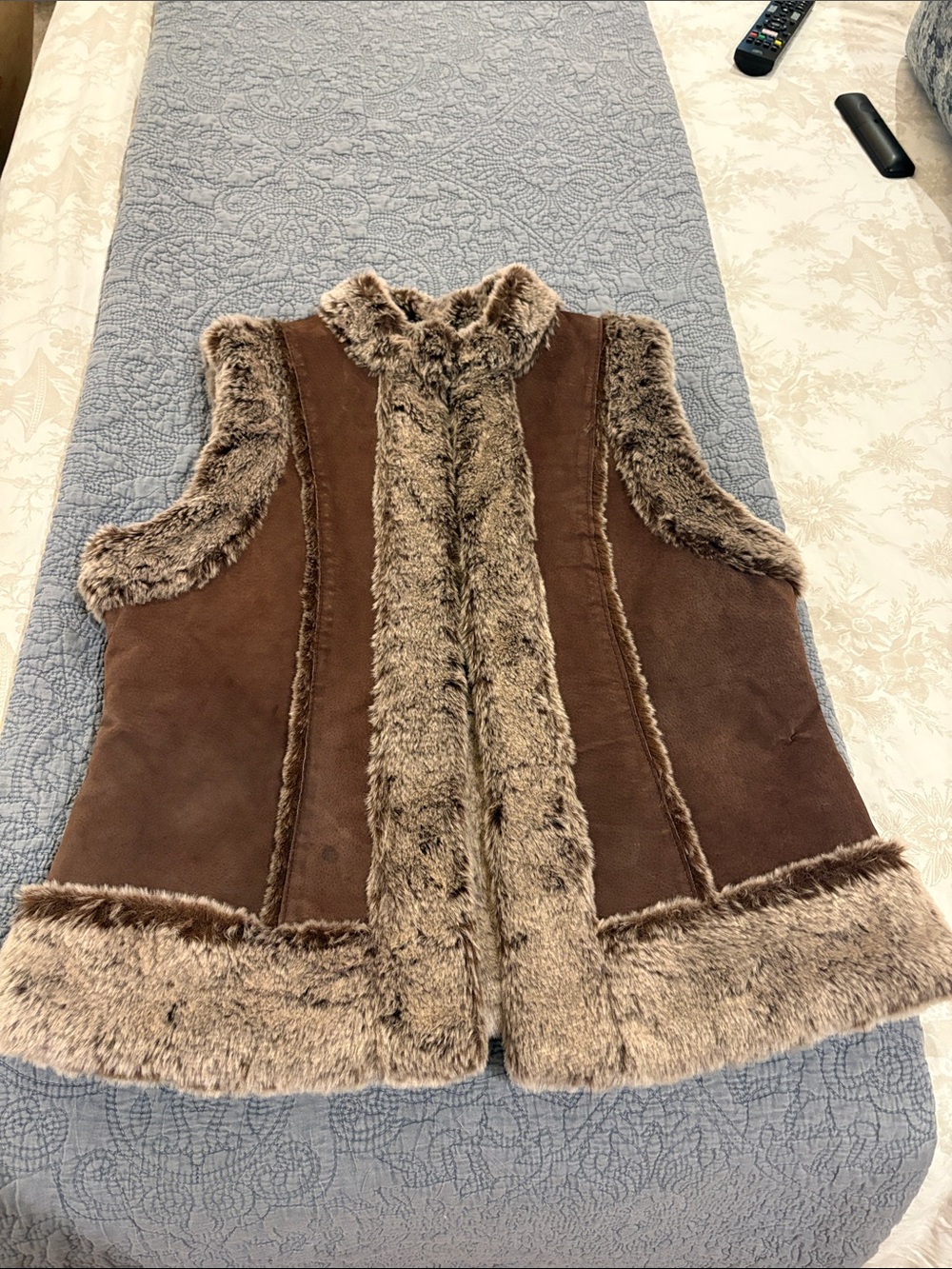 Brown Genuine Leather Faux Fur-Trim Suede Vest